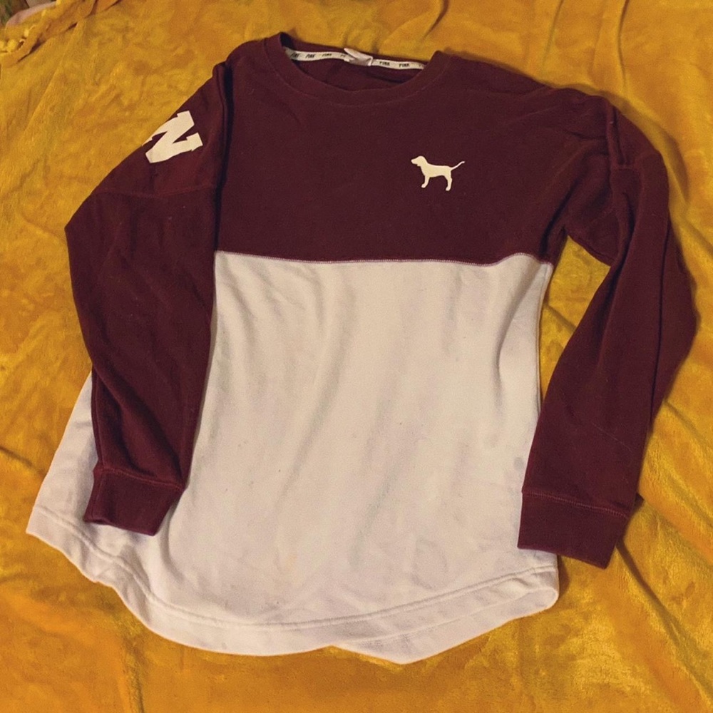 PINK Victoria's Secret Maroon and White Long Sleeve Top